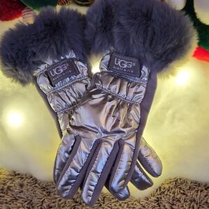 UGG Metallic Silver and Gray Fur Gloves